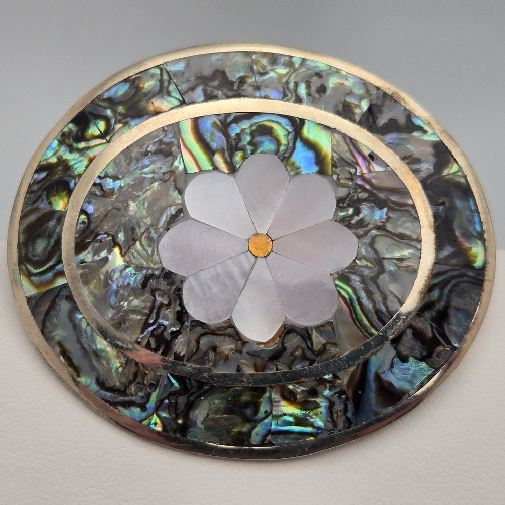 Vintage Mexican Alpaca Silver Abalone & Mother of Pearl Floral Brooch